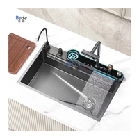Robinet de cuisine intelligent monocommande moderne multifonctionnel fait main avec surface nano, effet cascade, pour usage commercial, en acier inoxydable et laiton