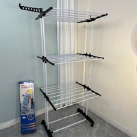 Séchoir à linge pliant sur pied à double poteau, 4 niveaux, en métal, avec roulettes, pour vêtements et serviettes