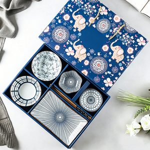 Juego de Vajilla de Porcelana de 14 Piezas, 4 Tazones, 2 Platos, 4 Cucharas, 4 Palillos, Estilo Japonés, en Caja de Regalo Exquisita - Product Image 6