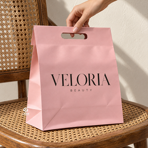 Sacs cadeaux en papier rose de luxe avec logo personnalisé imprimé, poignées découpées, sacs de shopping pour vêtements, boutiques de mode, vente au détail et cadeaux - Product Image 6