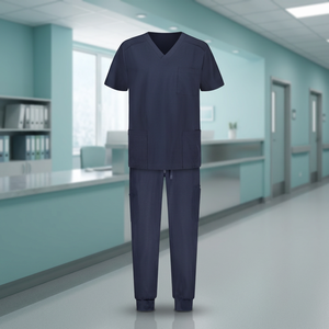 Unisex Navy <b>Blue</b> <b>Scrub</b> Set Short Sleeve Top With Pockets Drawstring Pants Hospital Uniforms Woven Cotton Polyester - Product Image 4
