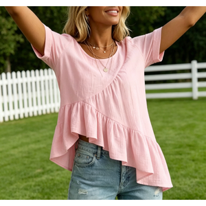 Kadın Tişörtü Çapraz Fırfırlı Etek Ucu Kısa Kollu Bluz Doğal Dokulu Görsel Dokulu Günlük Yazlık Boho Bluz Hemen Gönderime Hazır - Product Image 1