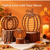 Ensemble de 3 décorations de table en bois en forme de citrouille à étages, ornements de table à carreaux Buffalo pour l'automne, décorations de table pour Thanksgiving et l'automne à la maison