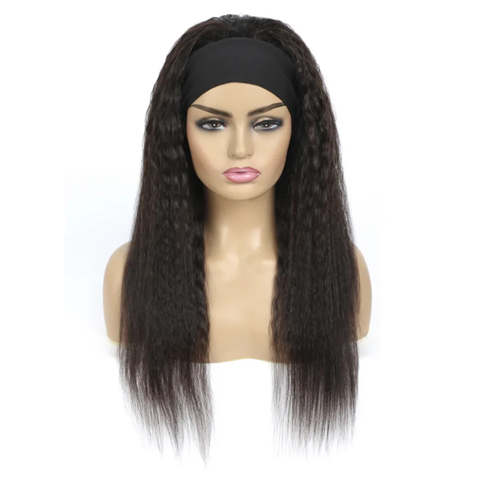 Cheap Kinky Straight Yaki Headband Retro Sweatproof Natural Remy Cuticle Aligned African American Human Hair Half Headband Wigs