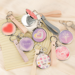Pink Heart Quote Double Epoxy Dome Compact Mirror Keychain Soft PU Leather Strap Folding <b>Pocket</b> Makeup Mirror HD Glass Mirror - Product Image 3