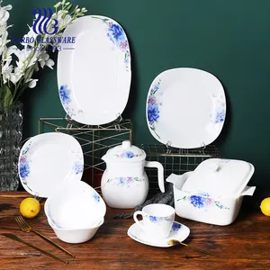 蓝花白色蛋白石玻璃器皿桌面餐具餐具批发高品质耐热36支蛋白石玻璃餐具套装