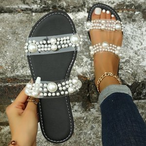 Women Clear Strap Slide Sandals Faux Pearl Decoration Flat Open Toe <b>Summer</b> Beach Casual <b>Slippers</b> - Product Image 1