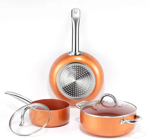 थोक उज्ज्वल तांबे कोटिंग कुक वेयर सेट गैर छड़ी cookware खाना पकाने के बर्तन सेट nonstick cookware चीनी मिट्टी cookware सेट