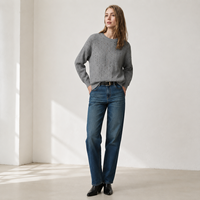 Pull en maille gris pointelle pour femme, manches longues, col rond, marque privée, vente en gros