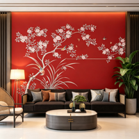 Papier peint floral rouge style Palais, Murale Chinoiserie Rouge, Mur d'ambiance de luxe pour Villa, Hôtel, Club et Espaces Commerciaux
