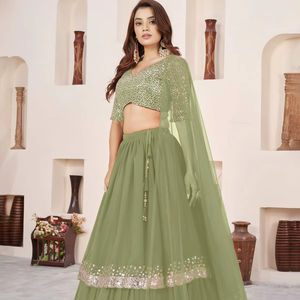 Lehenga Moderna Fluida Verde, Confeccionada en Georgette Suave con Bordado de Lentejuelas Plateadas, Elegancia Real, Brillo, Precio al por Mayor para Bodas - Product Image 1