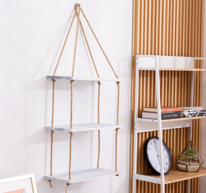 Étagères murales flottantes en bois de Paulownia, 3 niveaux, blanc poli, écologiques, style artisanal, antique, Europe, support de rangement avec corde, pour intérieur - Product Image 5