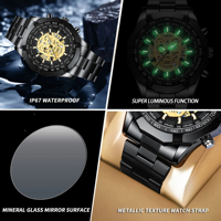 Montre BINBOND, Montre pour homme tendance et décontractée avec crâne évidé et lumière nocturne, Montre à quartz résistante aux rayures pour homme d'affaires