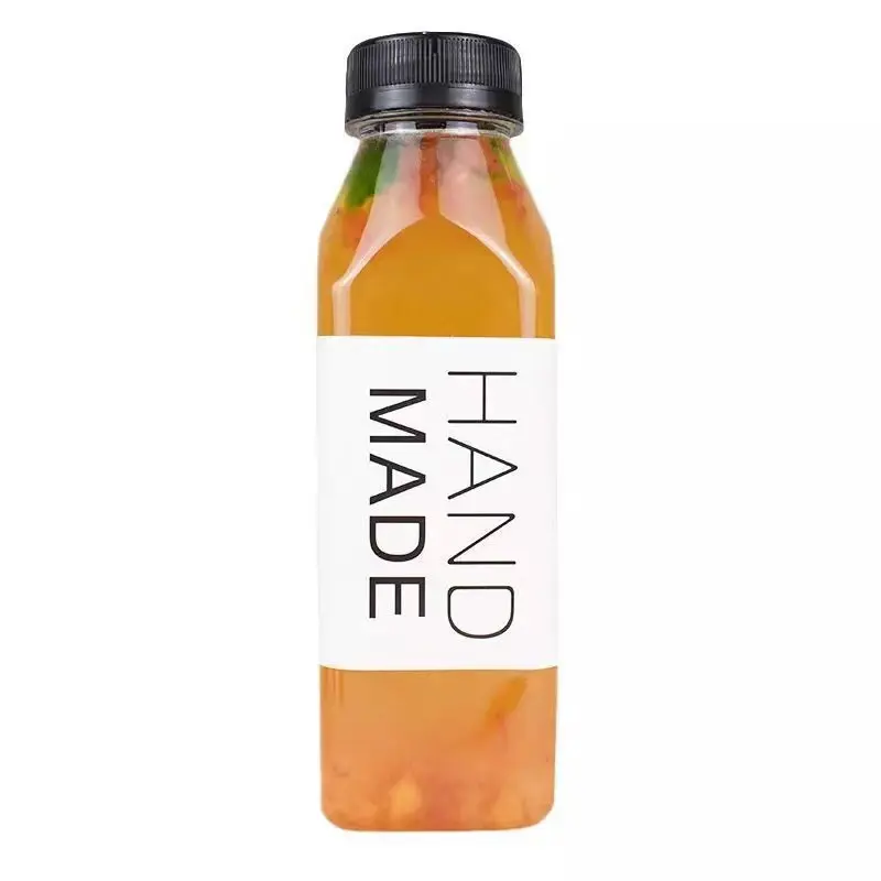 Food grade 350ml pet transparent square plastic fruit juice beverage bottle with aluminum cap
