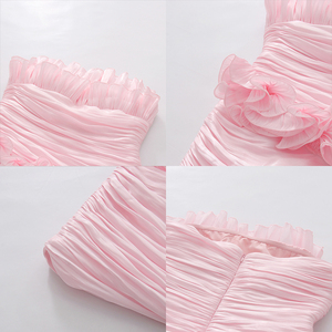 Elegant Pink Strapless <strong>Ruffled</strong> Mini <strong>Dress</strong> Women <strong>All</strong> Over Ruched Shiny Satin Strapless Club Night Out Cocktail <strong>Dress</strong> Wholesale - Product Image 3