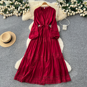 knee length dresses for ladies Gypsy Round Neck White Lace Boho Midi Dress Ruth