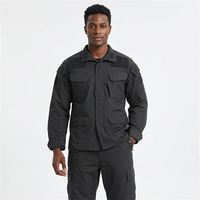Tenue Tactique Noire pour Agent de Sécurité – Ensemble Deux Pièces : Veste de Travail et Pantalon Cargo en Coton et Polyester, Idéal pour la Chasse, en Nylon Ripstop