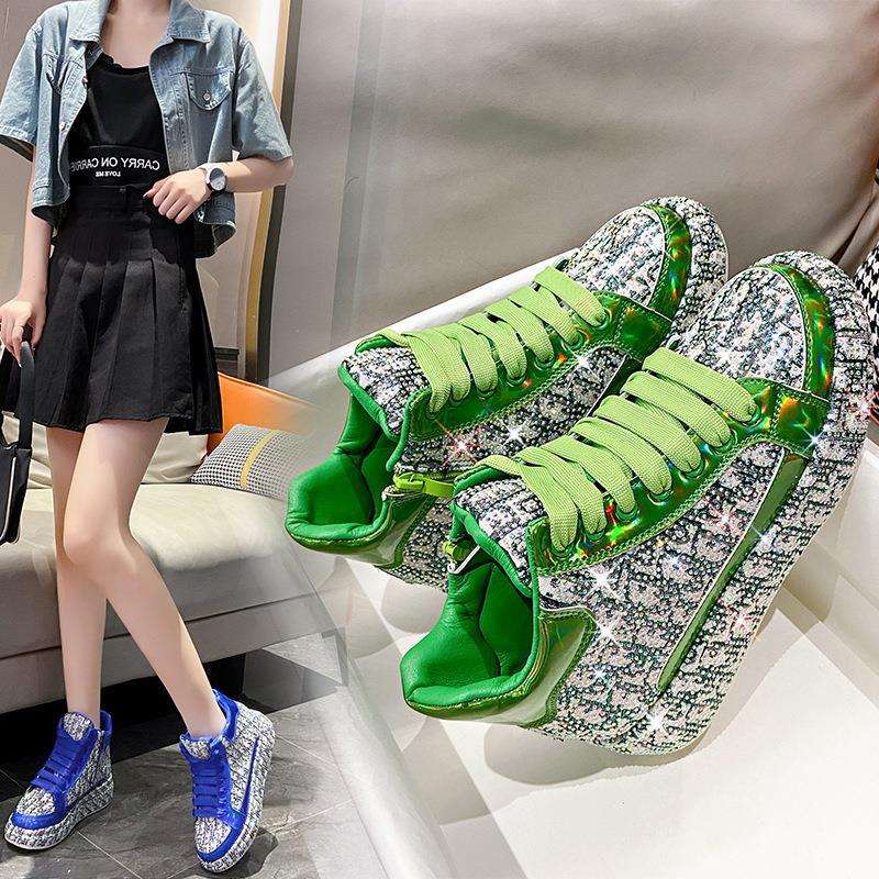 High Quality Diamond Studded Sports Shoes Fashion Women High Cut Thick Sole  Casual Board Shoes