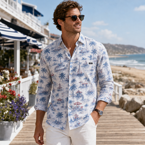 Camicia da Uomo con Stampa Palma Nautica, Personalizzabile, a Maniche Lunghe, con Bottoni, Leggera e Traspirante, per Vacanze e Club Nautici - Fornitore - Product Image 1