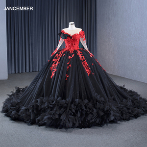 Robe de soirée gothique noire et rouge à fleurs, manches longues, appliques en dentelle, robes de bal vintage, robes de mariée Rsm231103 - Product Image 6
