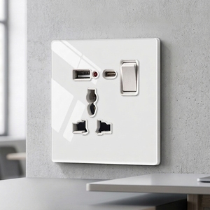 Prise murale universelle KESHIQI disponible en noir, blanc, gris, couleurs luxueuses, norme britannique, 2 prises USB Type-C, verre trempé, 13A - Product Image 1