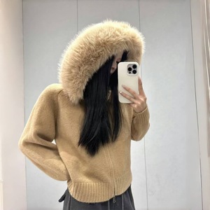 Vente en gros – Nouvelle collection automne-hiver 2026 – <span class=keywords><strong>Cardigan</strong></span> pull tricoté à <span class=keywords><strong>capuche</strong></span> avec col en fourrure de renard, couleur unie, manches longues, pour <span class=keywords><strong>femme</strong></span> - Product Image 1