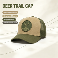 Casquette de chasse structurée en daim kaki avec patch circulaire en caoutchouc motif cerf et empiècement en maille vert olive pour la chasse, la faune et les activités de plein air