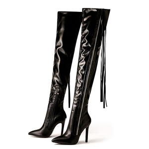 Bottes cuissardes sexy en cuir verni noir à talon aiguille, en PU brillant, avec fermeture éclair – Grande Vente - Product Image 3