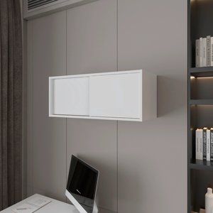 White <b>Floating</b> Cabinet With Sliding Door <b>Wall</b> Storage <b>Shelf</b> For Home Office Use - Product Image 1