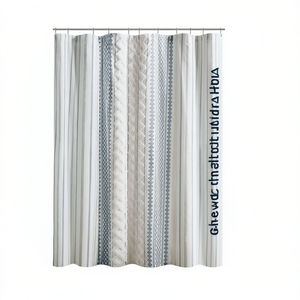 Rideau de douche en chenille de coton imprimé, style bohème, design rayé, décoration de salle de bain - Product Image 1