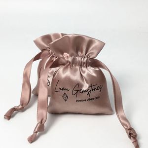 Custom logo Printed Small Satin Gift Bags pink Soft Jewelry Wedding Pouch for Packaging logo Custom - Product Image 1