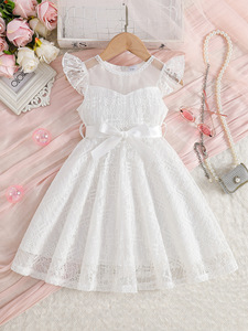 Vestido de Encaje con Mangas con Volantes y Cuello Transparente para Niñas, Vestido de <span class=keywords><strong>Primera</strong></span> Comunión con Lazo en la Cintura - Product Image 4