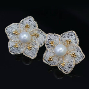 14K Gold Filled Wire‑Net Flower Stud <b>Earrings</b>, Italian Textile Weave Craft 9‑10mm Nucleated Edison Freshwater Pearl - Product Image 1