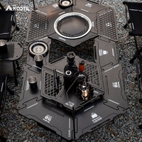 Muebles Multifuncionales para Acampar al Aire Libre, Mesa de Barbacoa Desmontable Plegable Hexagonal de Aleación de Aluminio y Madera, Juego Completo