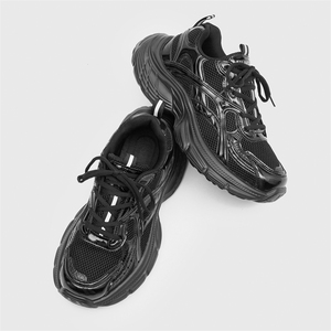 Baskets décontractées unisexes noires à semelle épaisse compensée, respirantes en maille, à lacets, pour la marche, style Dad Shoes - Product Image 4