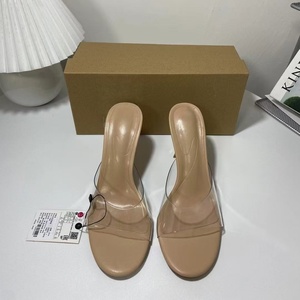 Women Clear PVC Single Strap Square Open Toe Slide Mules <strong>Nude</strong> Kitten Heel <strong>Slip</strong> on Summer Beach Party Daily Dress Sandals - Product Image 3