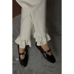 Pantalones de Lino Beige para Mujer, Corte Recto, Cintura Media, Dobladillo con Volantes, Transpirables - Product Image 1