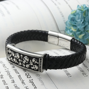yunnique Titanium Steel Skull Bracelet Black <b>Braided</b> Leather Band Fashion Jewelry for Men Women Unisex <b>Accessory</b> - Product Image 1