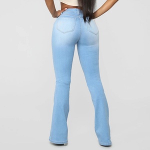 Prix d'usine – Jean évasé sexy taille haute bleu délavé très élastique pour femme - Product Image 4