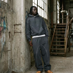 OEM/ODM Custom Logo Men Heavyweight 450GSM Cotton Contrast Stitching Hoodie and Sweatpants <b>Set</b> Oversized Mineral Wash Tracksuit - Product Image 3