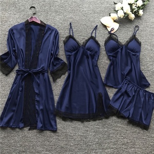 Cross-Border Dames Sexy Vierdelige Pyjama Set Koreaanse Stijl Suspender Loungewear Slaapjas Borstpads Satijn 2023 - Product Image 2