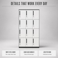 Armoire de rangement en acier blanc et noir à 12 portes avec serrures à poignée verticale pour bureaux, usines et vestiaires