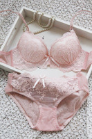 Bra Push-up renda putih dan celana dalam wanita, Set pakaian dalam bordir V dalam