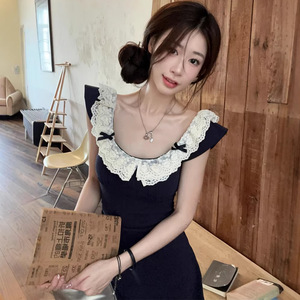 Lace Trimmed U Neck A Line Bodycon Dress Natural Waist Leisure Daily Wear Short Sleeve Casual Dress - Product Image 4