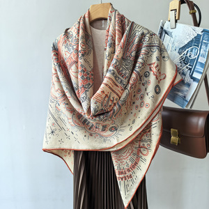 Silk Scarf 135*135cm Twill Hand Rolled Hem <b>Screen</b> Printed Digital Design <b>Leaf</b> Long Square Scarf Wholesale - Product Image 3