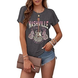 Women's Loose-Fitting Nashville T-Shirt Vintage Leopard Guitar Rock Band Country Pattern Jersey Casual XL Shirts for Summer - Product Image 5