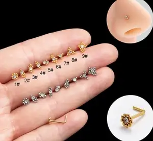 Stud de nez en cristal d'acier inoxydable en forme de L d'or et d'argent pour des bijoux de piercing de nez de femmes