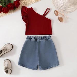 2025 Shorts in Denim per ragazze estate nuova tuta Casual gilet rosso a tinta unita e Hot Pants per Set da <span class=keywords><strong>bambina</strong></span> - Product Image 3