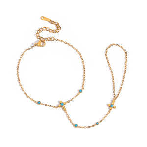 Bracelet en acier inoxydable plaqué or 18 carats avec motif croix turquoise bleue pour cadeau bijoux - Product Image 5