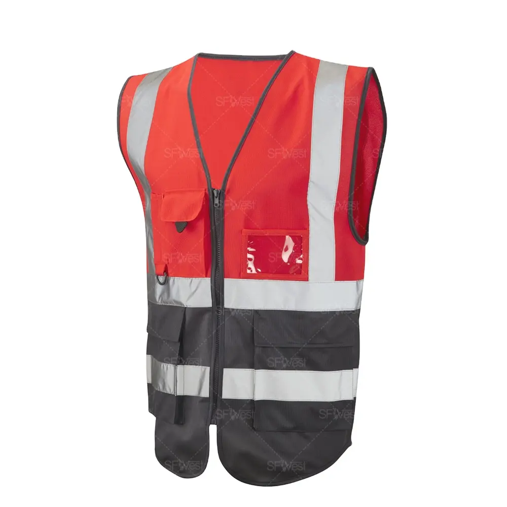 class 1 wholesale red hi visibility reflective safety vest with pockets for men construction grey bottom waistcoat surveyor vest